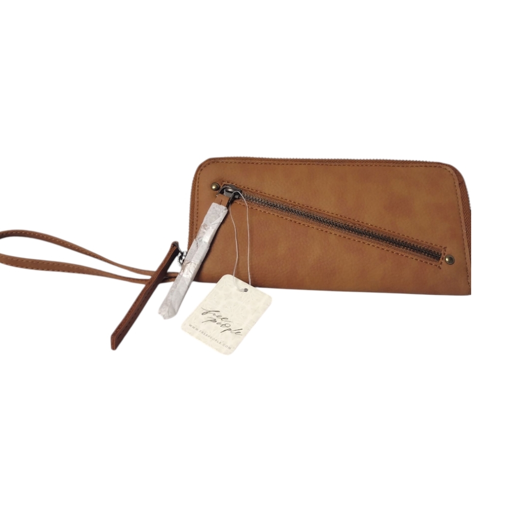 FREE PEOPLE Distressed Zip-Around Wallet - Brown Vegan Leather